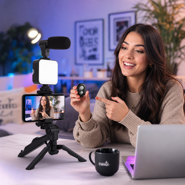 Vlogging-sett med Stativ, Mikrofon & LED